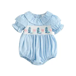 Newborn Baby Girl Smocked Romper Boots Embroidery Peter Pan Collar Ruffle Sleeve Bubble Bodysuit Summer Outfit