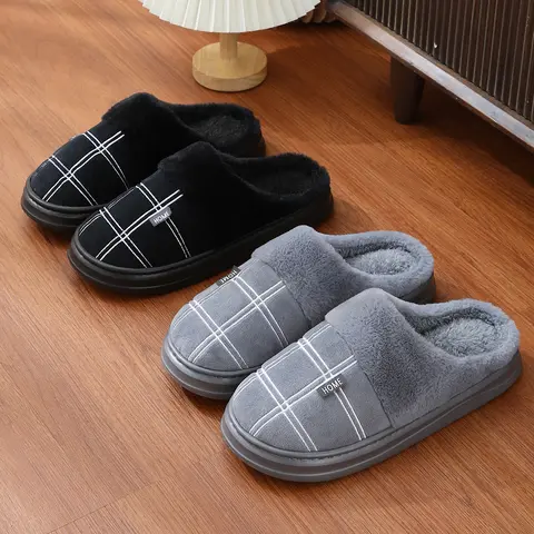 Men'S Plush Fleece-Lined Slip-On Slippers - Cozy Winter Indoor House Shoes with Grid Pattern, Soft Fabric Upper & EVA Sole for Warmth, Comfort, and Easy Wear, Comfy Slippers, Warm Footwear, Home Lounging