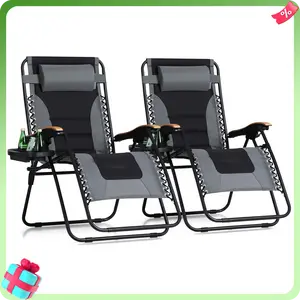 PHI VILLA  Oversized Padded Zero Gravity Chair, 26''/28''/30" Wide Foldable Patio Recliner, Anti Gravity Lounger with Cup Holder, 400 LBS Weight Capacity