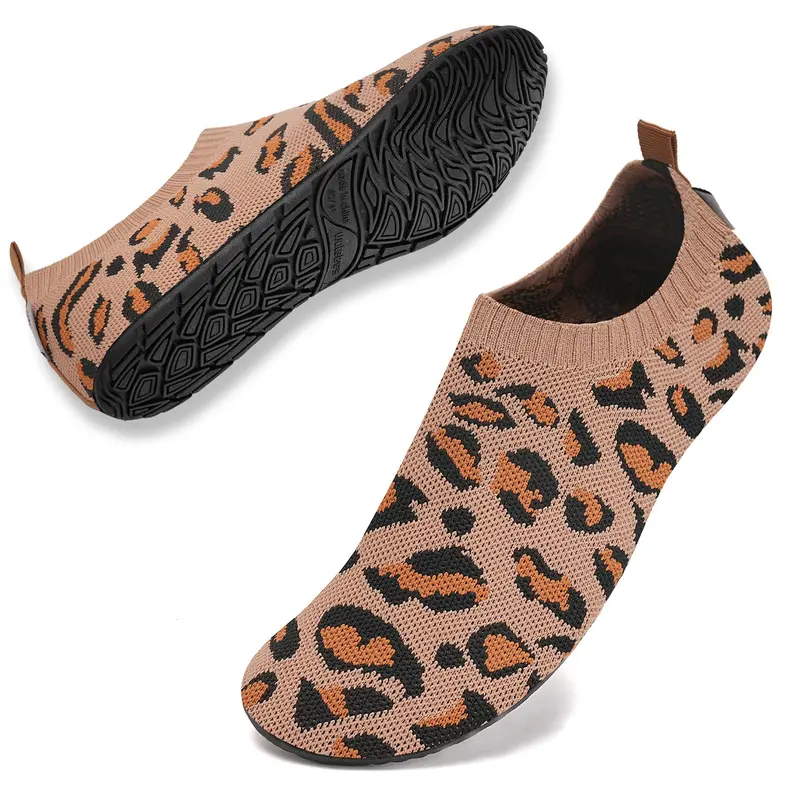 Unisex Slip-On Water Shoes - Soft Elastic Upper, Quick-Drying Fabric, Barefoot Low-Profile Design, Non-Slip Rubber Sole, Leopard Cloth Accent, Lightweight Breathable Watershoes for Beach, Gym, Pilates, House Use