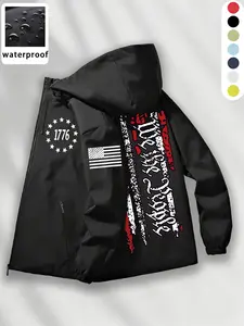Techwear Aesthetic】 Waterproof Hooded Jacket with "We The People" Graphic Print & 1776 American Flag Patch. Windproof Tactical Outerwear for Outdoor Exploration & Street Style #Techwear #Gorpcore #TacticalGear