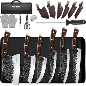 MDHAND Butcher Knife Set,  18Pcs Hand Forged Serbian Chef Knife Set with Bag, High Carbon Steel Full Tang Kitchen Knives Set, Meat Cleaver & Boning Knife for Brisket Trimming BBQ Camping, Gift for Men