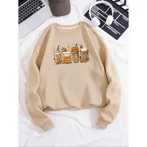 Women's Cartoon Pumpkin & Drinks Print Thermal Lined Sweatshirt, Casual Halloween Themed?Long Sleeve Round Neck Drop Shoulder?Pullover for Daily Wear, Ladies Fall & Winter Clothes