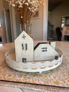 Small Size Distressed Look Wooden Church Craft, Church Theme Farmhouse Style Rustic Cream Home Decor for Religious Decorations
