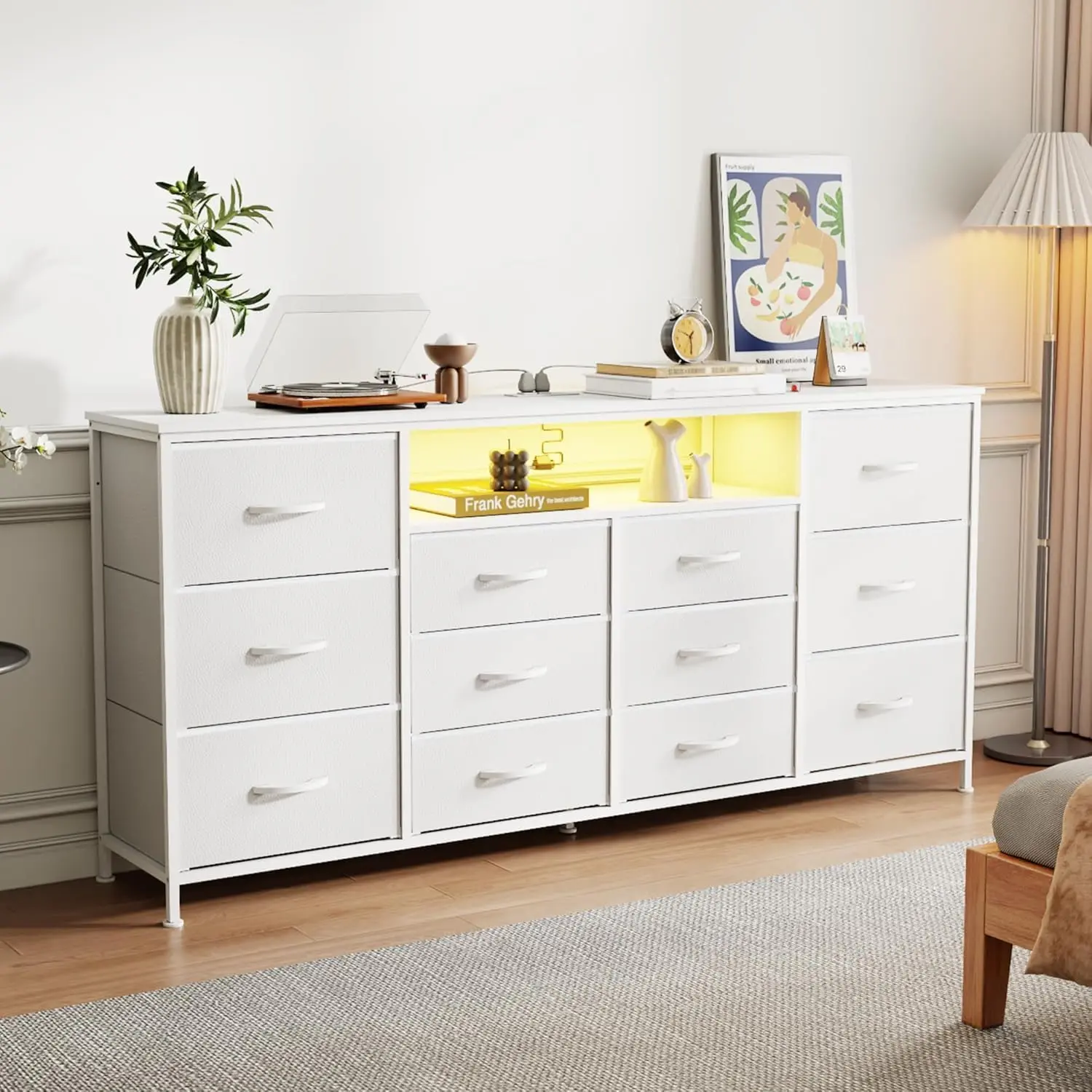 Modern Storage Dresser - 75" LED TV Stand with Power Outlet, 12-Drawer Sturdy Fabric Unit, Open Shelves for Living Room, Bedroom Closet, Dresser For Bedroom, Room Storage