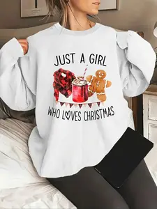 Women's Letter & Gingerbread Man Print Crew Neck Sweatshirt, Casual Long Sleeve Pullover for Fall & Winter, Women's Clothes for Daily Wear