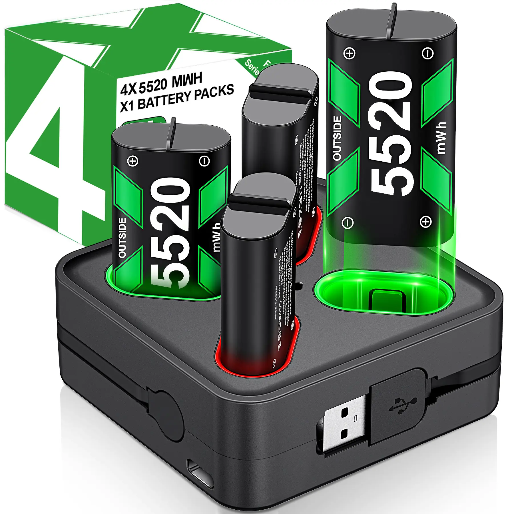 Charger for Rechargeable Xbox One Controller Battery Pack with 4x5520mWh，Controller Charger Batteries for Xbox Series X|S, Battery Charger Station for Xbox One S/X/Elite