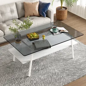 Rectangle Coffee Table 38.6" for Living Room, Tempered Glass Modern Sofa Table with White Metal Legs for Small Spaces, Easy Clean Gray Glass