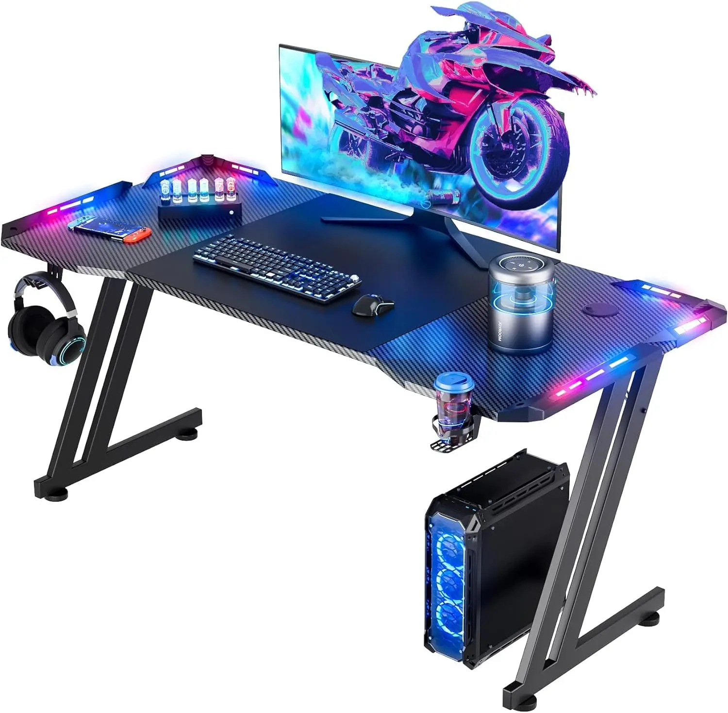 Gaming Desk with LED Lights, Large RGB Computer Gaming Desk Table with Cup Holder Headphone Hook Mouse Pad, Ergonomic Modern Carbon Fiber Mesa Gamer Pc Work Home Office Desks summerwins