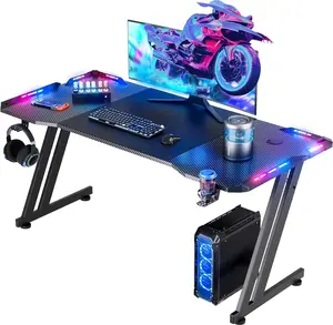 Gaming Desk with LED Lights, Large RGB Computer Gaming Desk Table with Cup Holder Headphone Hook Mouse Pad, Ergonomic Modern Carbon Fiber Mesa Gamer Pc Work Home Office Desks