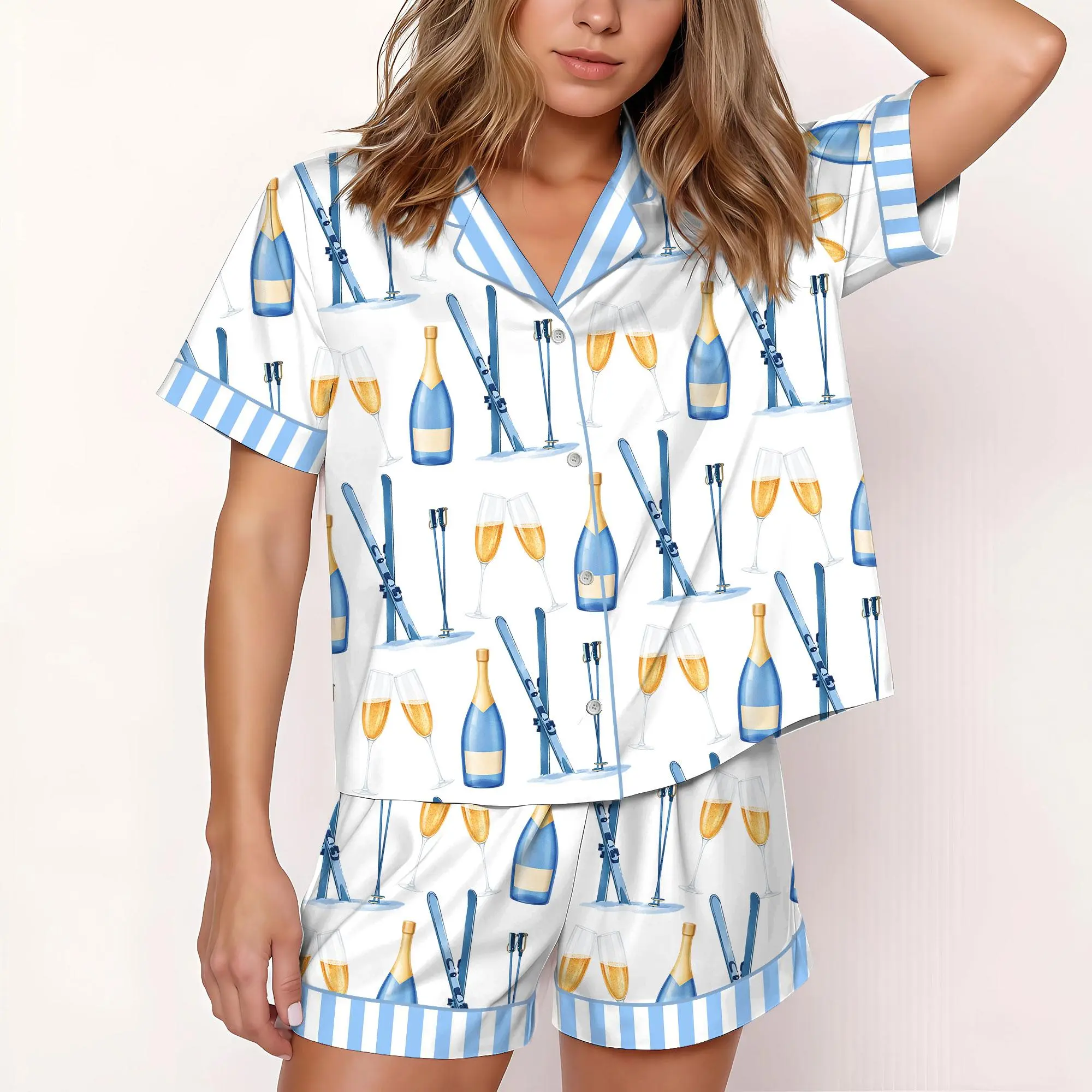 Apres Ski Champagne Pattern Satin Pajama Set For Women Long Lounge Set Sleepwear, Pajamas Set For Women , Champagne And Bows Wedding Pajamas