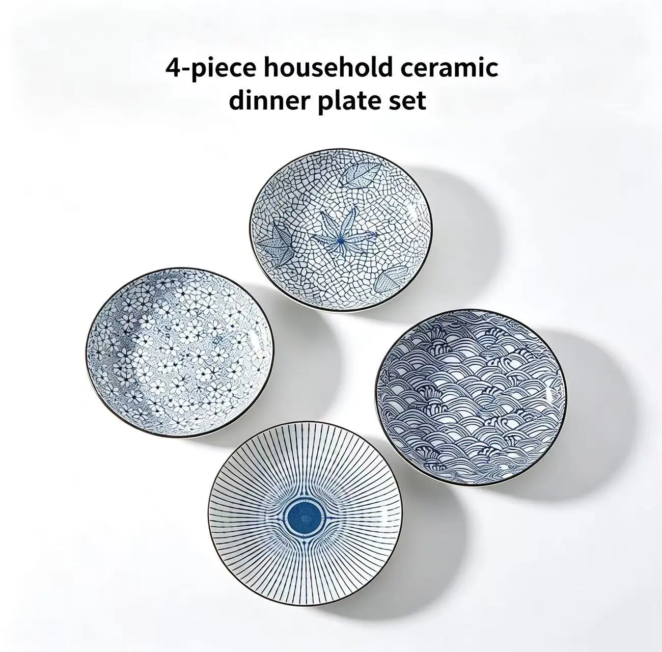 4Pcs Japanese Yamada 8" Deep Ceramic Plates, Underglaze Blue Non-Slip Rim Dinner Plates, Nordic Steak Salad Dishes, Dishwasher Safe Lead-Free Stackable Tableware, Multipurpose Pasta Soup Seafood Plates, Housewarming Gift for Family Daily Home Dining