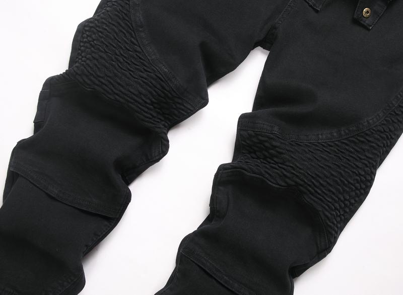 Men's Slim Fit Biker Jeans Ripped & Distressed Moto Denim Pants 100% Cotton Solid Black Color for Stylish Riders