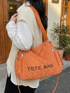 Korean-inspired Instagram-style orange quilted tote bag Corduroy-textured adjustable shoulder strap crossbody bag Niche design versatile commuter bag for students and travel Casual Crossbody Bags Spring/Summer new arrival women's handbag Crossbody Purses