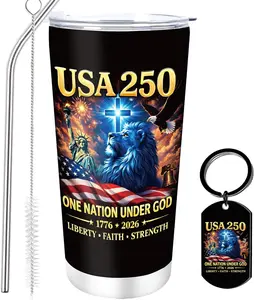 4th Of July, 250th Anniversary USA Gifts - 2 Pcs American 250th Gifts, Cross Lion American Flag Themed 20 oz Tumbler Keychain Gift Set for Women Men, Independence Day Anniversary Patriotic Gift Ideas