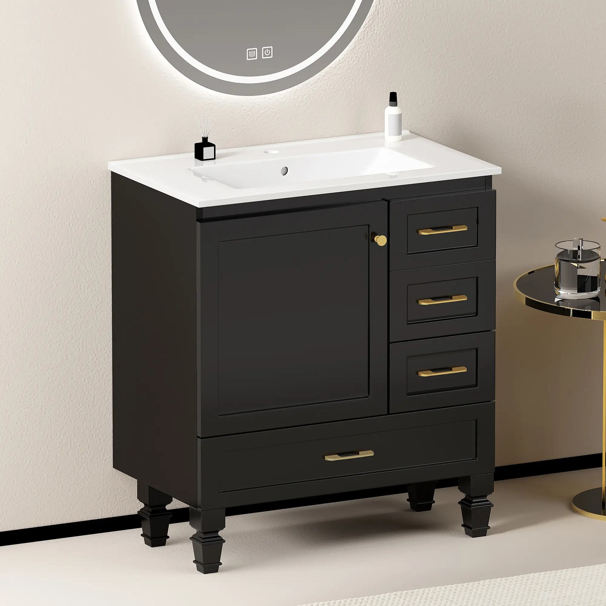 30" Black Modern Freestanding Bathroom Vanity Furniture - Wood Floor Cabinet with Ceramic Sink, Countertop, 3 Drawers, 1 Soft-Close Door, Gold Handles, Storage Organizer for Master Bath, Apartment