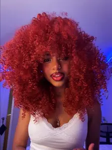 Afro Bomb Curly Wig for Women, Short Kinky Curly Wigs with Bangs, Big Bouncy Fluffy Synthetic Glueless Hair for Daily Use/ Party / Cosply (16 inch), Synthetic Fiber Wig, Synthetic Material Wigs
