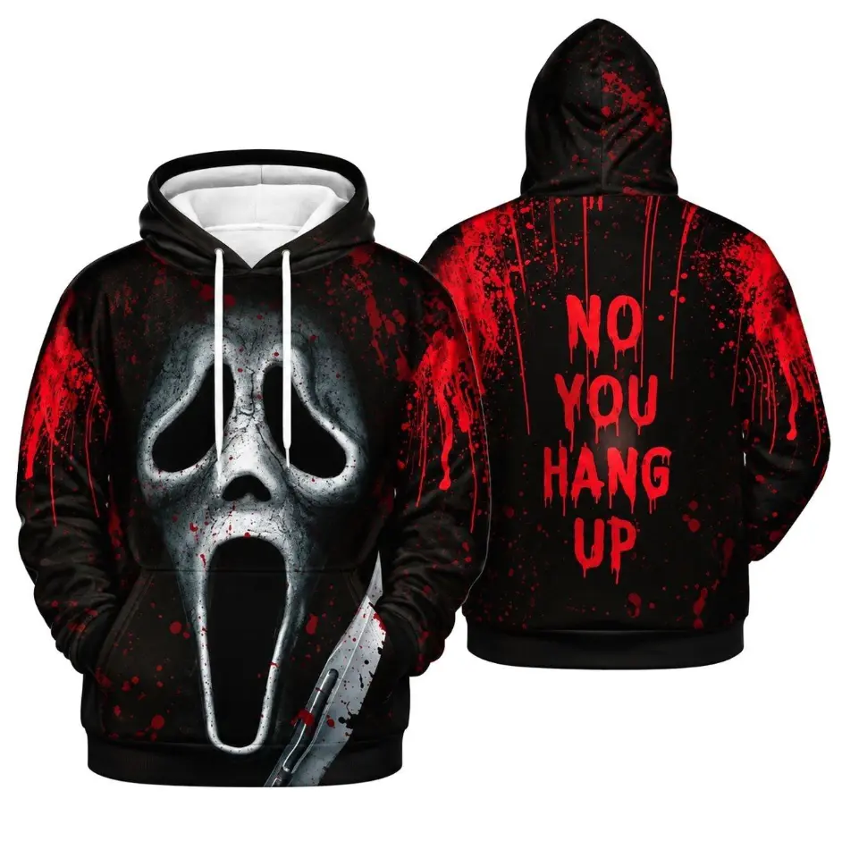 No You Hang Up Ghost Face Horror Hoodie, Black Red Blood Splatter Sweatshirt, Scary Halloween Pullover for Men and Women