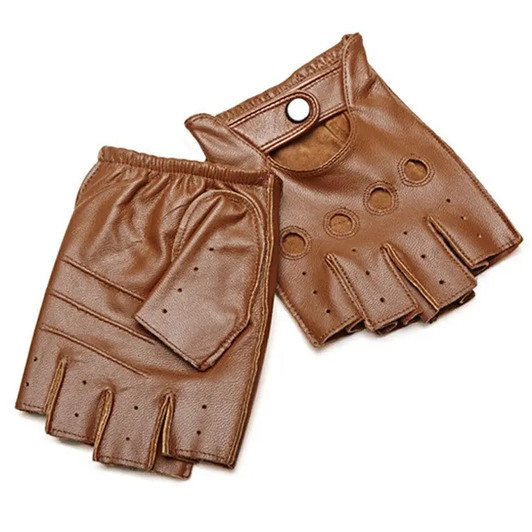 Men's Driving Gloves, Vintage Style Half-Finger Perforated Sheepskin Leather with Snap Closure for Motorcycling & Casual Wear, Motorcycles, Classic
