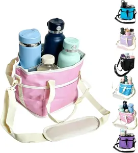 Family Size 4 Compartment Drink Bag, Multi Insulated Drink Carrier with Adjustable Strap & Handle Strap, Multiple Tumbler Carrier Caddy for Hiking, Walking, Sports, Family Outings
