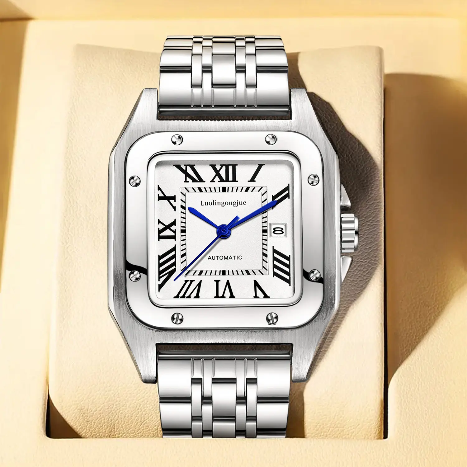 Solid Stainless Steel Men's Mechanical Watch Simple Roman Numerals with Date Window Large Hollow Automatic Movement Bold Masculine Gift for Young Men
