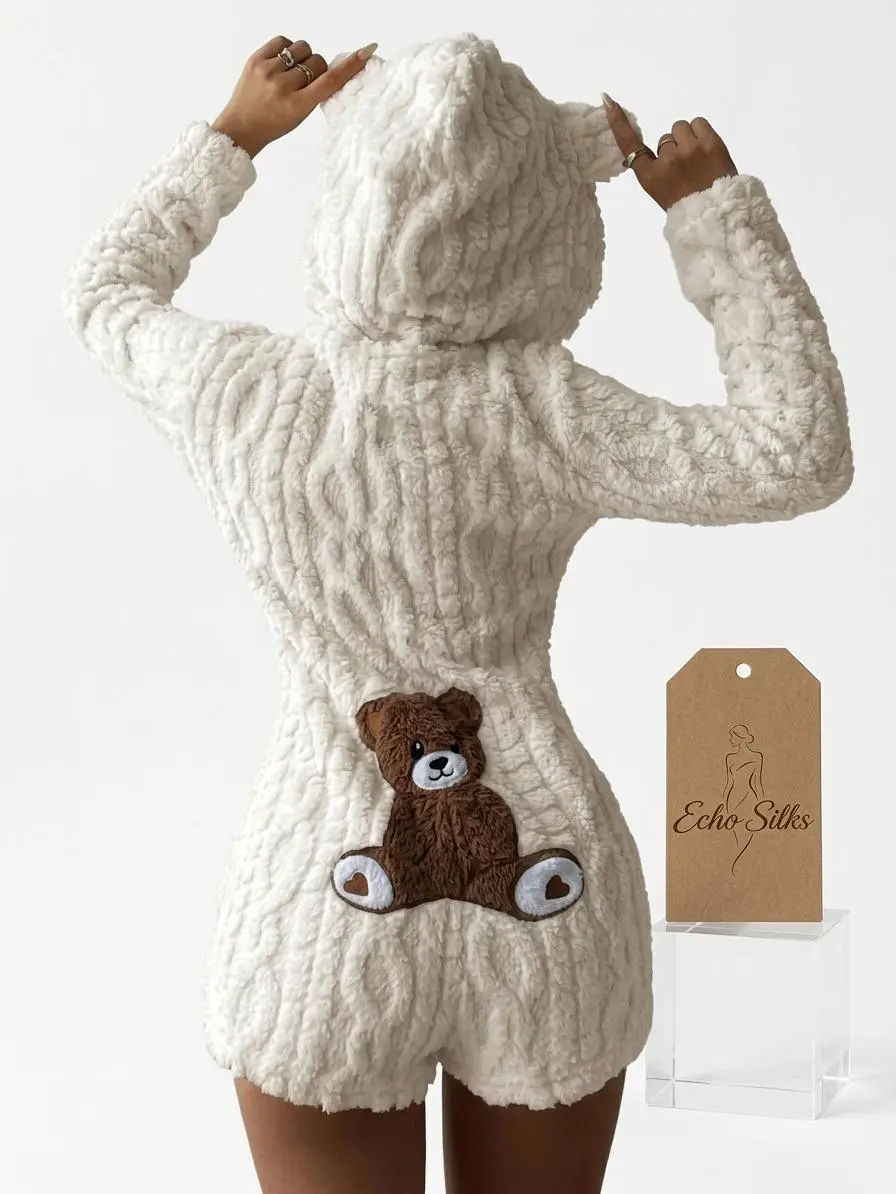 Cute Bear Pattern Fluffy Hooded Romper for Women, Cozy Warm Loungewear Sleepwear