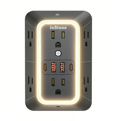 Multifunctional Power Strip - 3-Sided Rectangle Multiple Sockets Expander, 1050J Surge Safe Protector, 6 Outlets, 4 Ports (2 USB-C), Night Light for Home Office, Dorm Room (Black)