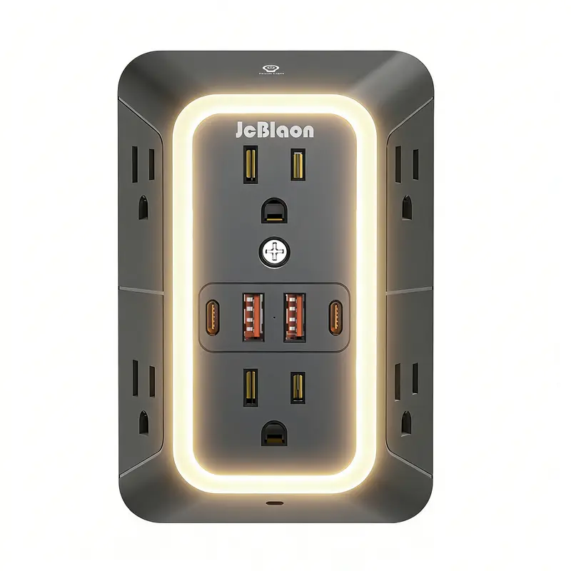 Multifunctional Power Strip - 3-Sided Rectangle Multiple Sockets Expander, 1050J Surge Safe Protector, 6 Outlets, 4 Ports (2 USB-C), Night Light for Home Office, Dorm Room (Black)