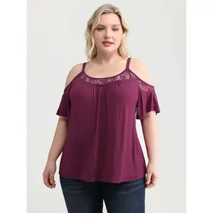 BLOOMCHIC Plus Size Lady's Cut-Out Shoulder Lace Trim Knit Blouse - Casual Fit Garment Women's Spandex-Nylon Shirt M-6X Womenswear Fabric 2026 Summer Vibes