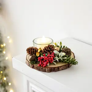 Christmas Candlestick Tabletop Ornaments Pinecone & Red Berry Centerpiece Holiday Landscaping Scene Decoration Props for Home Table & Window Display