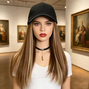 Black Baseball Cap With Attached Brown Hair Blonde Highlight Ombre Mixed Color Silky Straight Hair 18 Inch Medium Length Bob Haircuts Cap Wig Synthetic Heat Resistant Adjustable Hat Wigs Suitable for Fashion Women Ladies Daily Party Outdoor Use