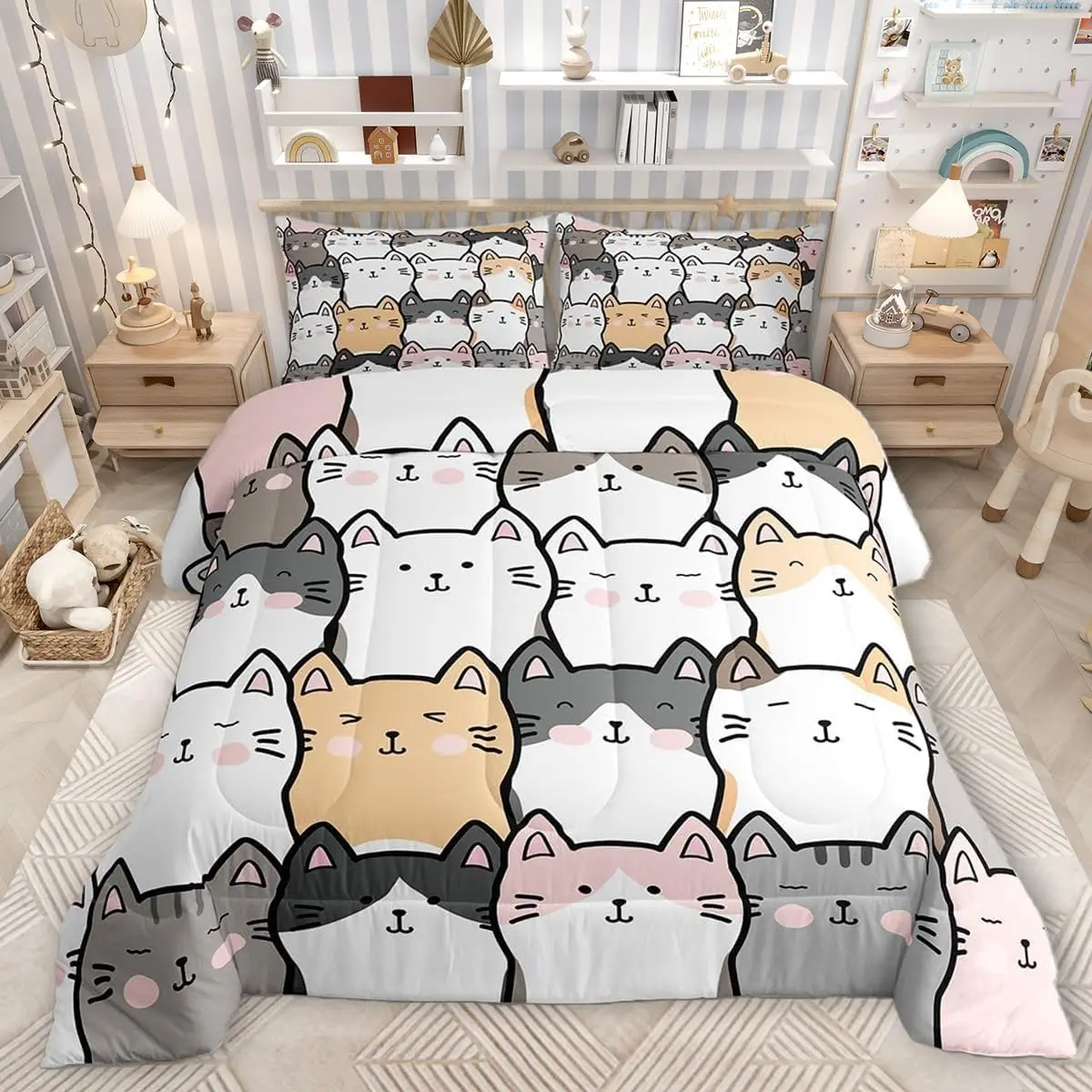Cute Cat Comforter Set Cartoon Cats Bedding Set for Kids Boys Girls Lovely Animals Duvet Quilt Bedroom Decor Microfiber