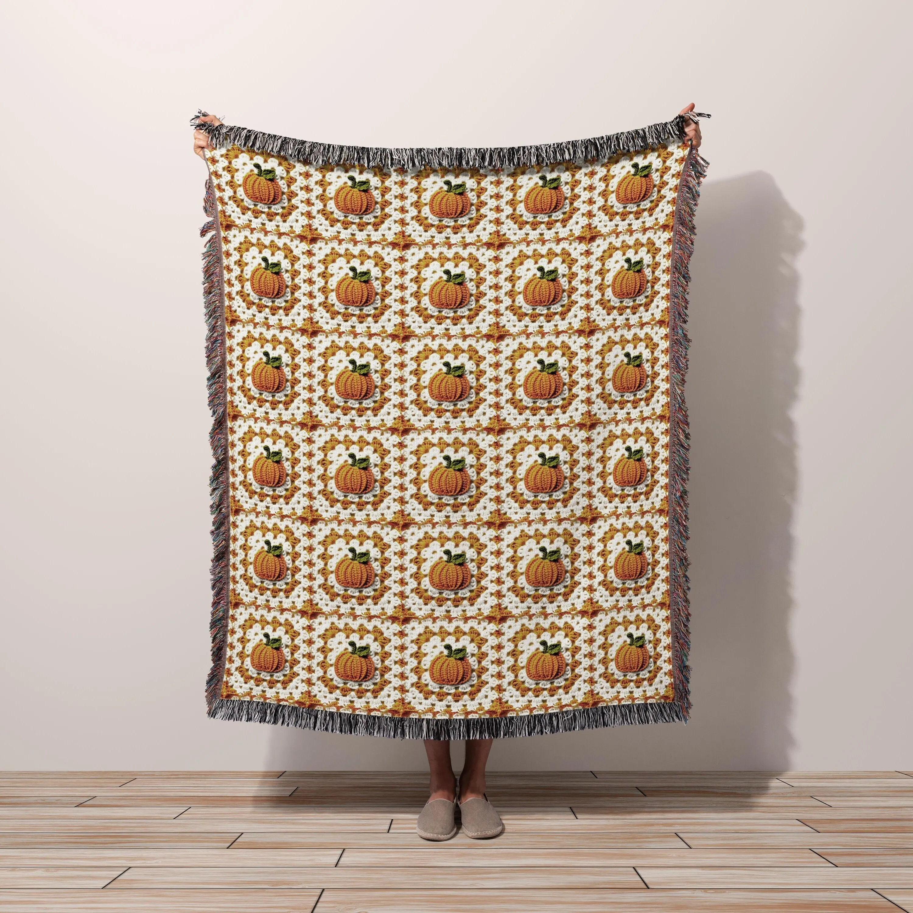 Fall Throw Blanket, Cozy Fall Decor, Woven Cotton Throw Blanket, Cottagecore Fall Granny Square Blanket Pumpkin Aesthetic, New Home Gift
