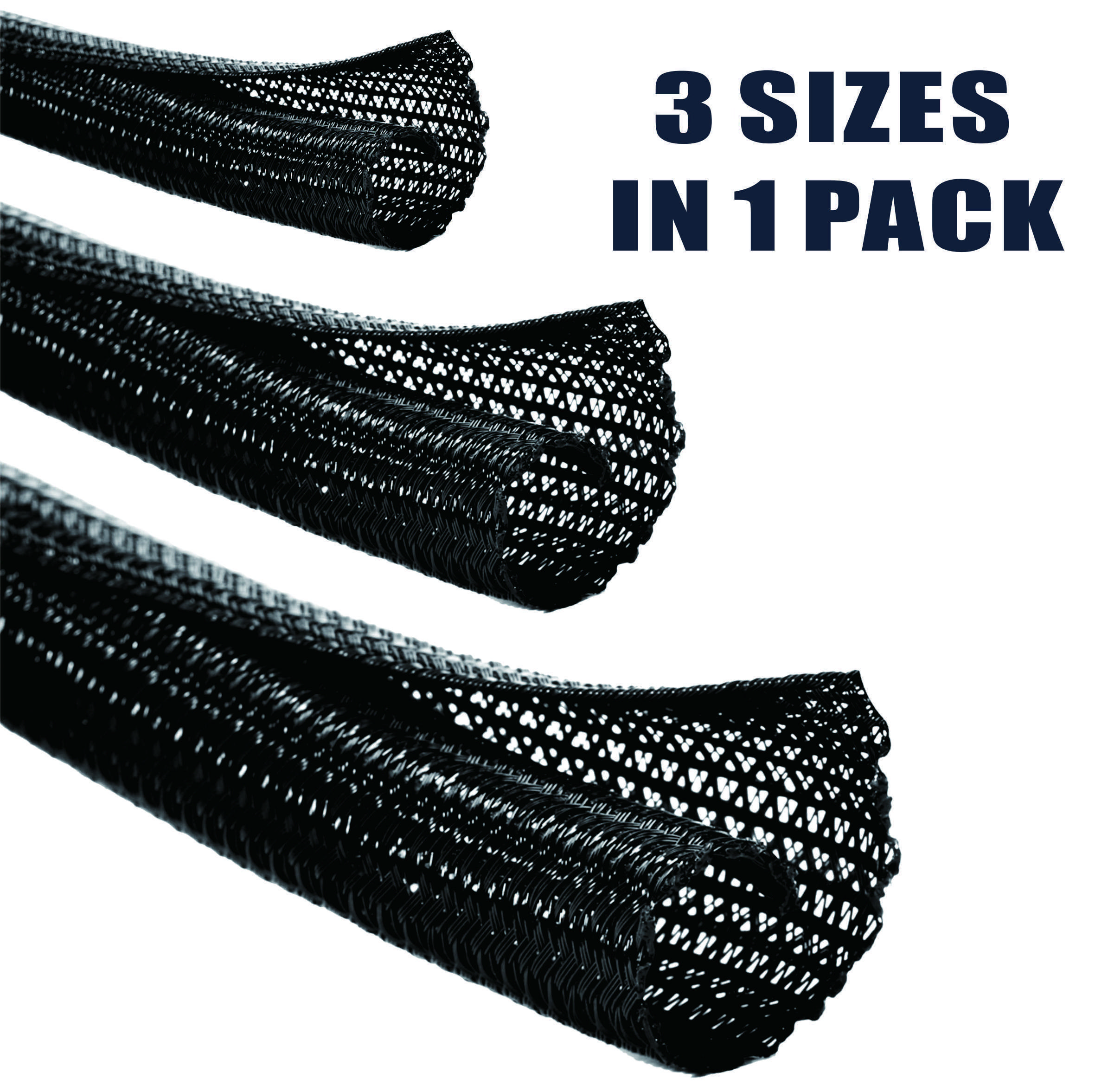 Alex Tech 3-Size Pack Cable Management Sleeve – Fits Different Cable Bundles – Cord Organizer, Cable Protector, Split Sleeving & Loom Tubing for TV, Computer, Home Office – Prevents Pet Chewing – Black & White