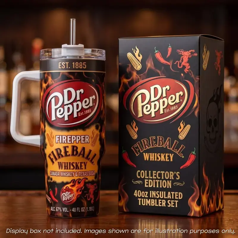 Dr Pepper Fireball Whiskey 40oz Tumbler With Handle Straw, Firepper Canada Whiskey Texas Soda Stainless Steel Insulated Mug, Spicy Cinnamon Drinker Gift, Vintage Flame Graphic Travel Water Cup, Collector Edition Soda Fan Cup