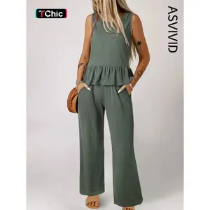 Women's Casual Solid Color Ribbed Round Neck Ruffle Sleeveless Tank Top and Side Pocket Pants Set for Summer