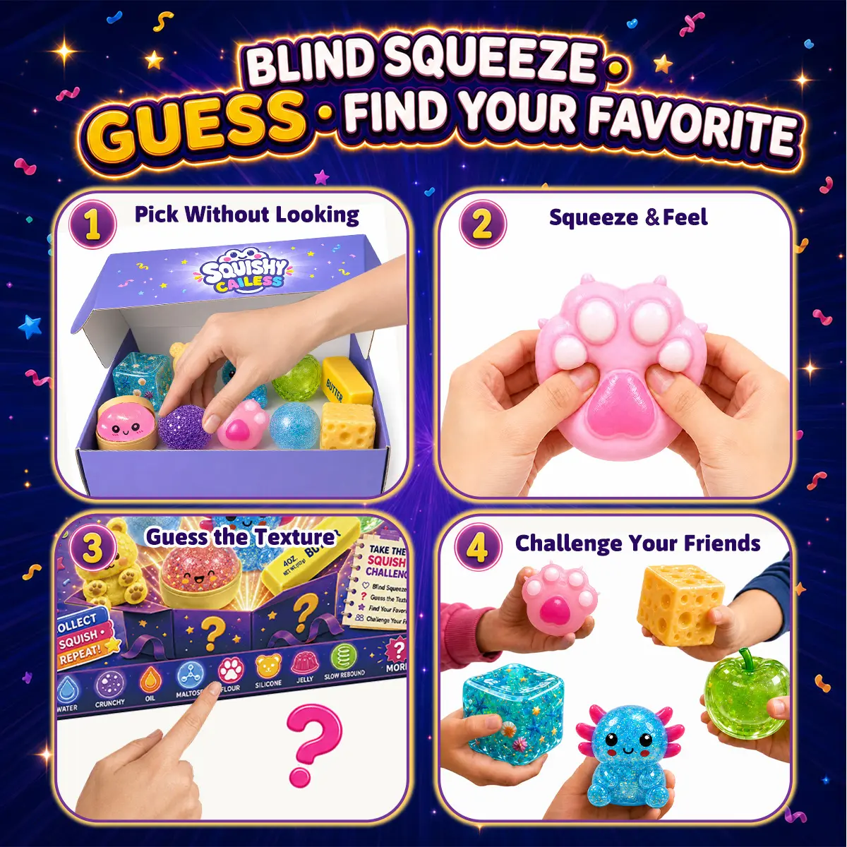 Four ways to play with squishy texture set