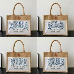 Personalized Grandma Jute Tote Bag, Custom Names Mama Mimi Gigi Nana Bag, Family Names Tote, Mother’s Day Gift for Grandma
