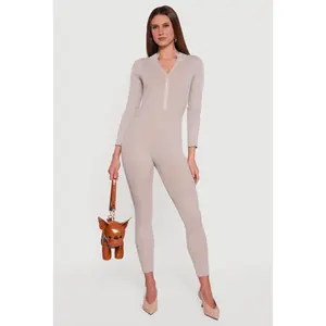 Zip Front Mock Neck Ribbed Knit Jumpsuit