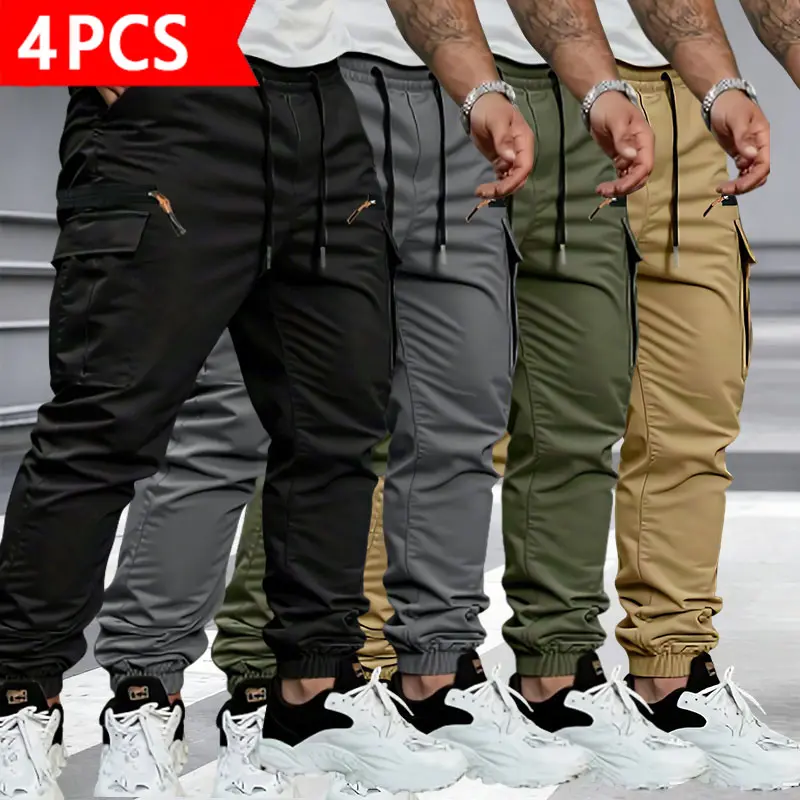 Men’s 4-Pack Jogger Cargo Pants, Multi-Pocket Streetwear Pants, Elastic Waist & Ankle Cuff Drawstring Pants, Ideal for Everyday Wear, Outdoor Activities, and Urban Style.