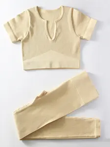 Women's Yoga Set V-Neck Slim-Fit Top & Long Pants, Gym Workout Set Sportswear for All Seasons, High-Waisted Above-Ankle Design