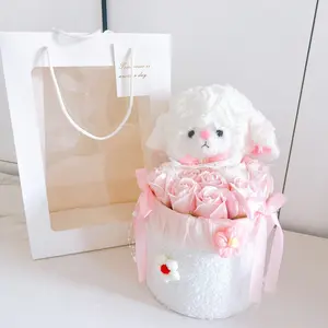 Cute Sheep Hugging Bucket Set - Plush Sheep Toy + Pink Eternal Rose, with an elegant gift bag and warm LED light string. Perfect for anniversaries, graduations, romantic surprises, wedding proposal bouquets, and Valentine's Day gifts