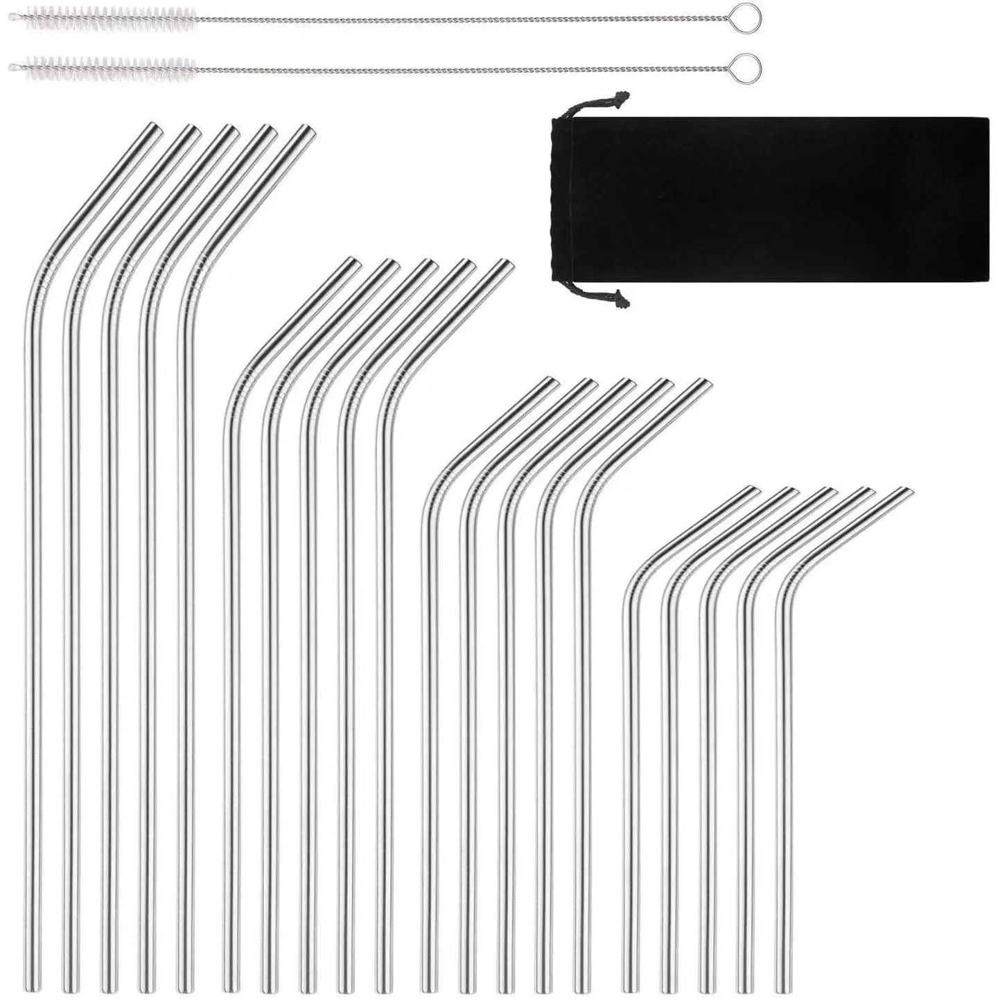 Stainless Steel Drinking Straws, 20 count 4 Size - 6.3'' 7.1'' 8.5'' 10.5'',  Long Short Smoothie Drinking Curved Bent Straws with 2 Brushes and Carry Bag, Fit for 10/20/30 oz Tumblers