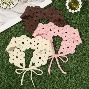 3Pcs Crochet Flower Headband Set, Boho French Cottagecore Knitted Hair Band, Handmade Floral Hair Wrap, Soft Adjustable Lace Hair Scarf, Trendy Sweet Hair Accessories for Women Daily Vacation Outdoor Travel Beach Wea