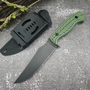 XL Outdoor Camping Fixed Blade Knife Black Finish 8Cr13Mov Blade "feather" G-10 Handle with Click-in Locking Kydex Sheath