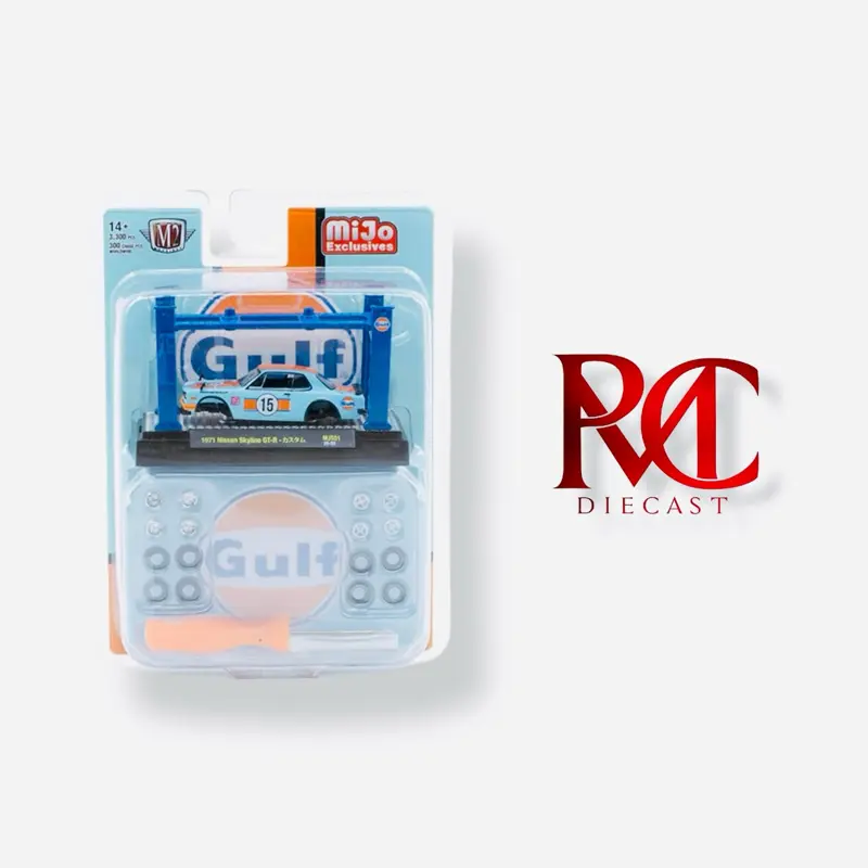 M2 Machines 1:64 Model-Kit 1971 Nissan Skyline 2000 GT-R GULF With 4 Post Lift and 2 Extra Set of Wheels – Blue