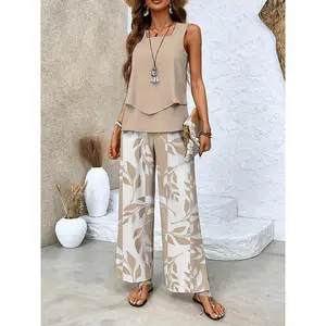 Printed Women's Long Pants and Sleeveless Top Set, Casual Versatile Comfortable