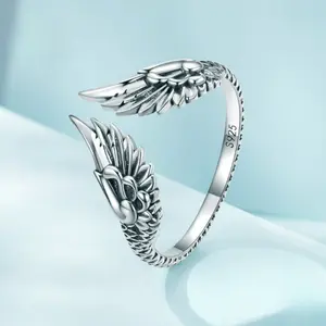 S925 Sterling Silver Wings Open Ring, Simple Retro Guardian Feather Design, Adjustable Finger Jewelry for Everyday and Vacation Wear, Hand Jewelry