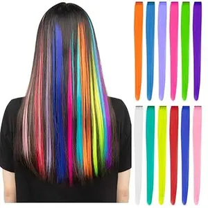 12 PCS Rainbow Highlights Clip-In Hair Extensions - 22 Inch Long Synthetic Hairpieces for Women, Kids, and Girls