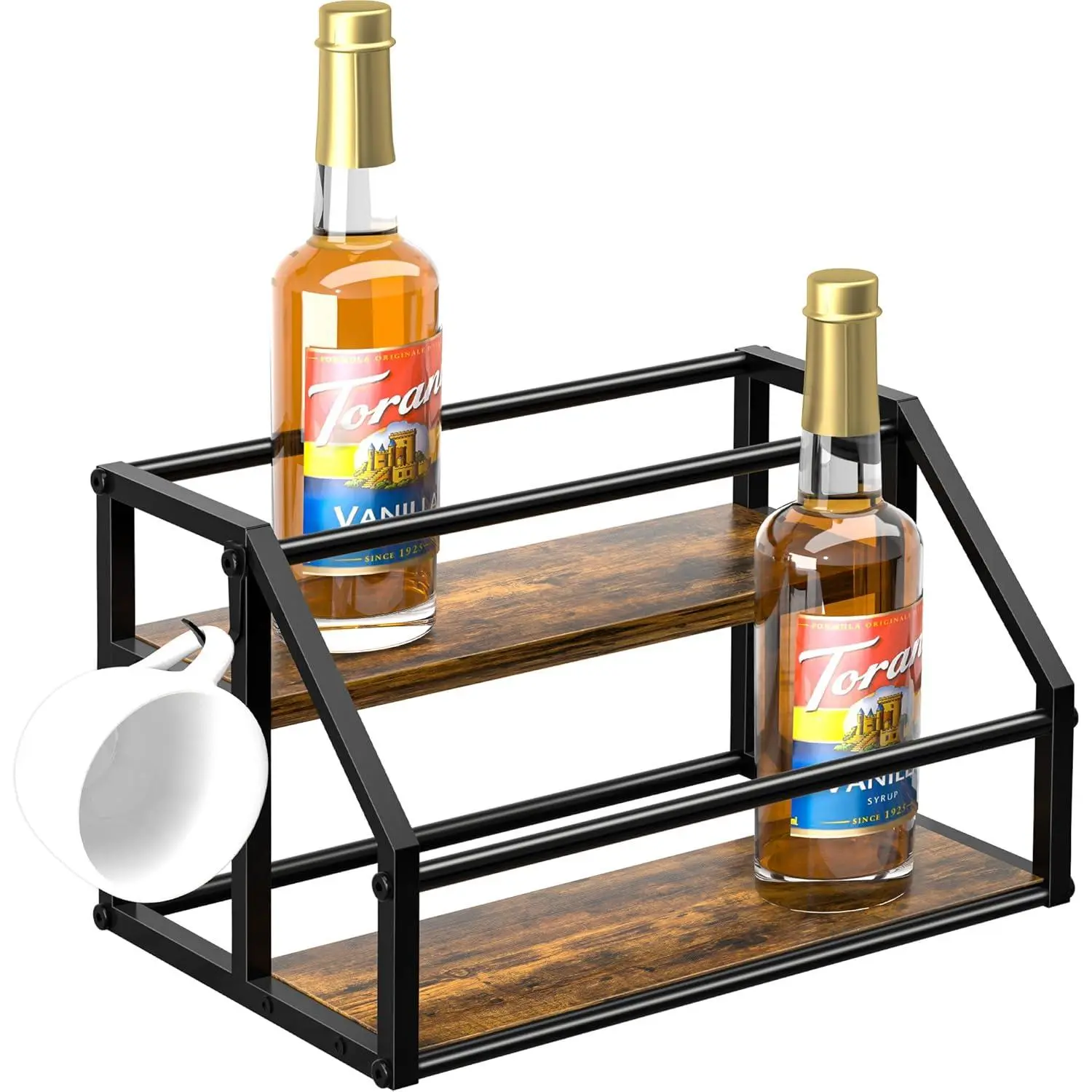 Coffee Syrup Rack Organizer, Syrup Bottle Holder Stand for Coffee Bar, 2-Tier 8 Bottles Storage Shelves for Syrup, , Dressing for Kitchen Countertop, Rustic Brown & Black